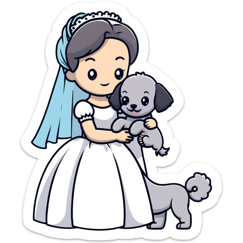 beautiful girl in a wedding dress hugging a small gray poodle sticker
