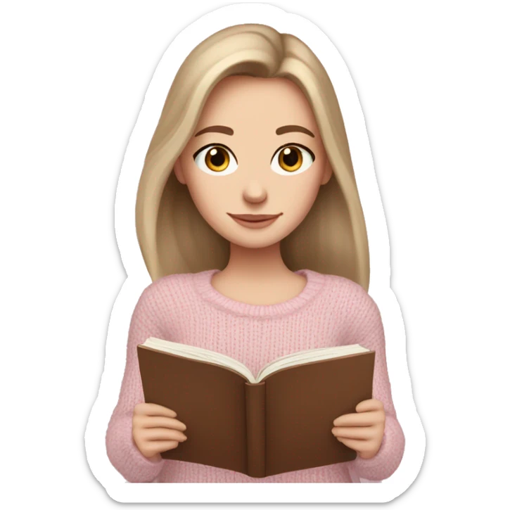 Pretty blue eyed white girl with brown hair with light pink sweater reading cozy sticker
