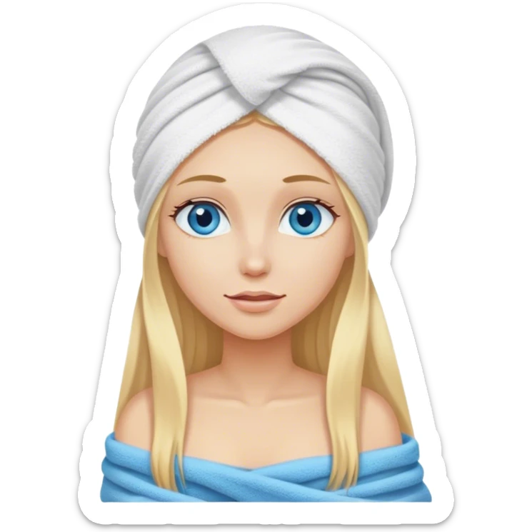 Cinematic realistic blonde with long hair and blue eyes, with a towel on her head sticker
