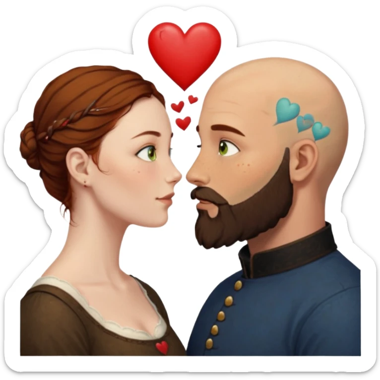 Couple. Bald man with dark brown-black beard. Woman with many small, faded, round freckles, white skin and she has auburn-yellow-brown-caramel-cinnamon dark hair. She has light yellow-brown-green eyes. He have hazel-blue eyes. They look at each other. Many small red hearts around them. sticker