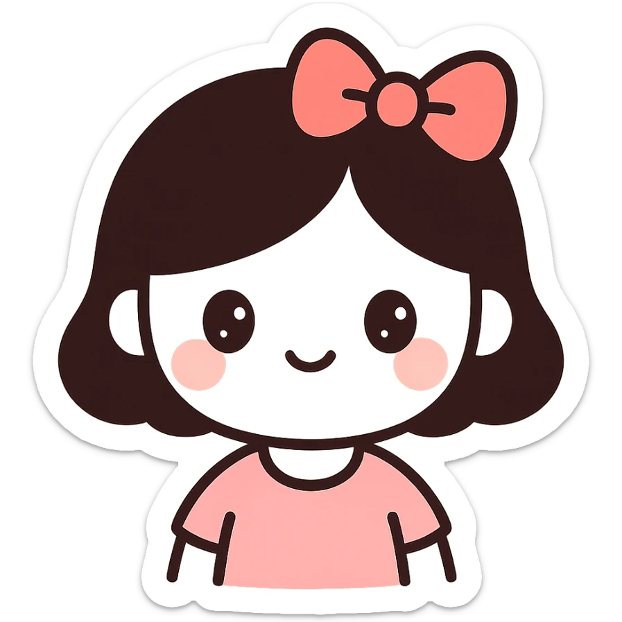 girl with white skin, short black hair, and a red bow, cute and friendly style sticker