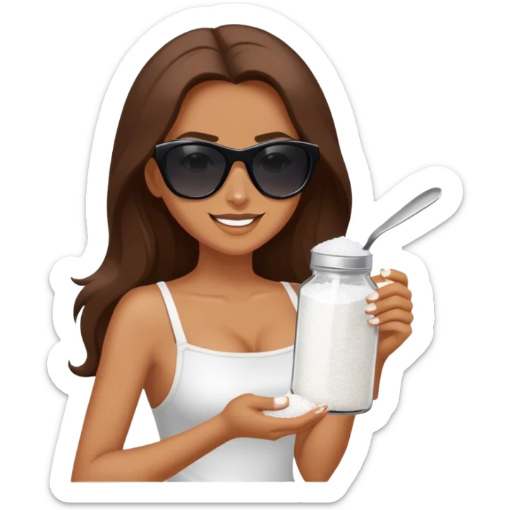 Tan woman with long brown hair and dark sunglasses. She is holding a salt shaker full of white table salt. She is shaking the salt out of the salt shaker with a smirking expression sticker
