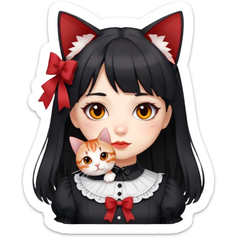 girl wearing black Lolita style dress, with medium-length black hair with red tips, and an American Shorthair tabby cat sticker