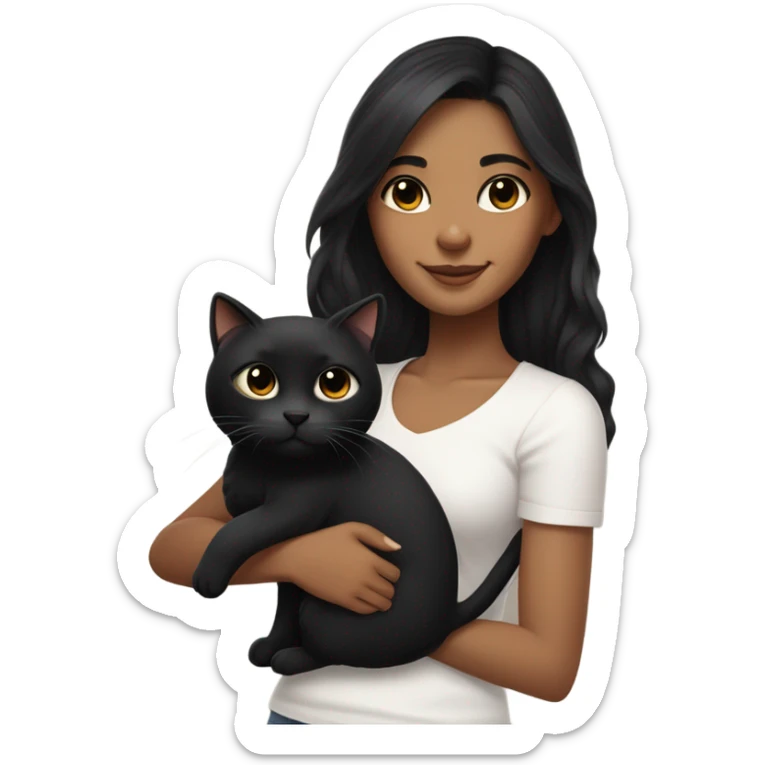 Young woman with medium brown skin, long black hair, a small dimple on her chin, a sweet closed-mouth smile, and large downturned black eyes. She holds a cute black cat and looks adorable. sticker