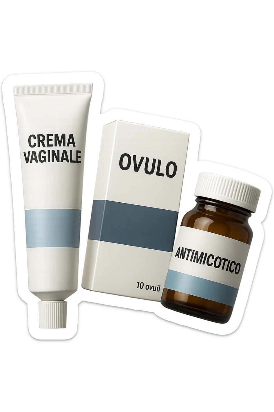 un tubetto di crema con la scritta "crema va**ale", una scatola con farmaco con la scritta "ovulo", un barattolo di farmaco con la scritta "antimicotico" in italiano sulle etichette, fluttuano in aria, IPERREALISTICO 4K sticker