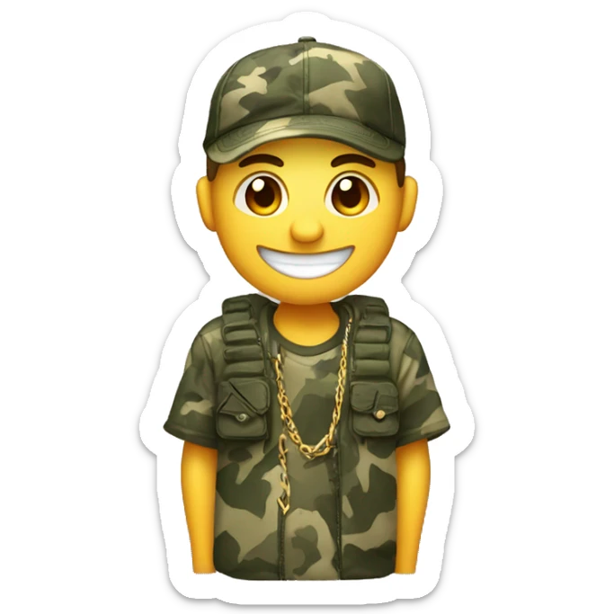 smiling male in camo shirts with little small chain wearing a funny hat with ears  sticker