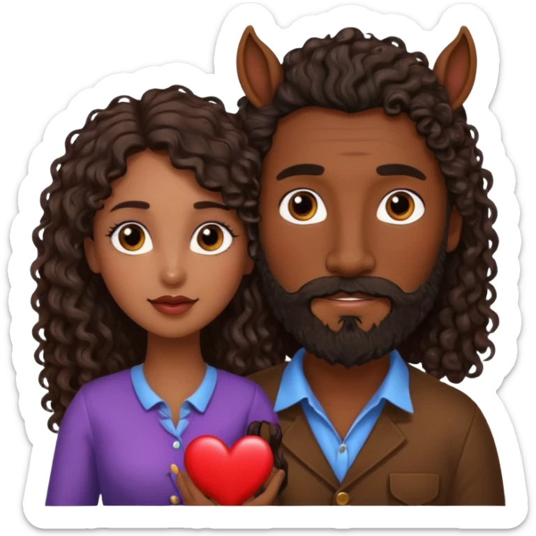 pareja de Mujer morena rizada cabello largo castaño ojos oscuros y hombre piel blanca con caballo oscuro con barba y ojos marron alrededor de la pareja corazones sticker