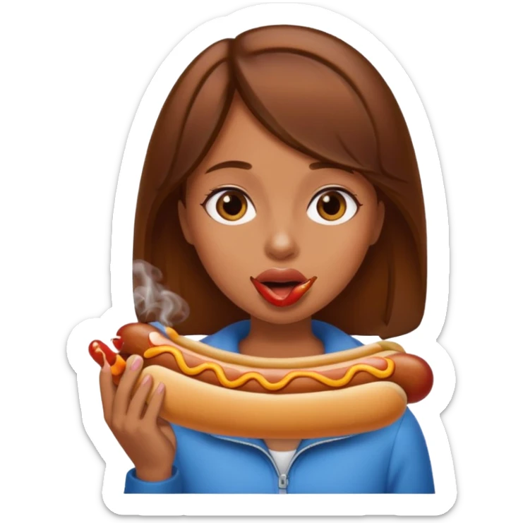 girl with brown hair with hotdog smoking out of her mouth sticker