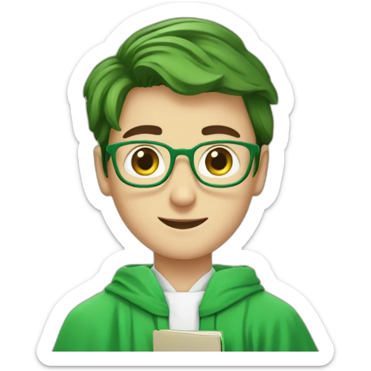 a European-looking student in a green robe with a sprout of green in his hands sticker