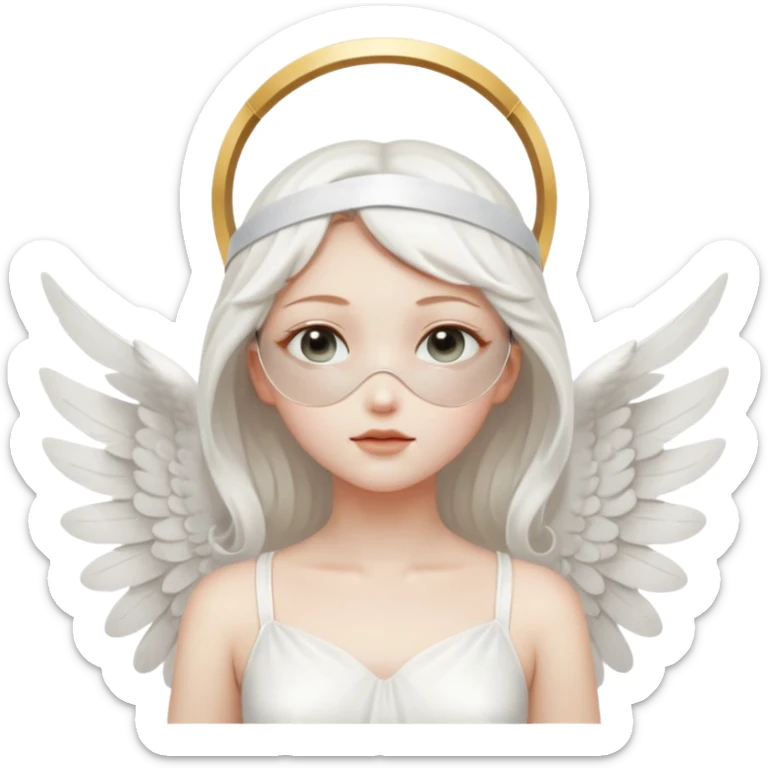 angel with white blindfolds on eyes, white dress, ale skin and  two large wings sticker