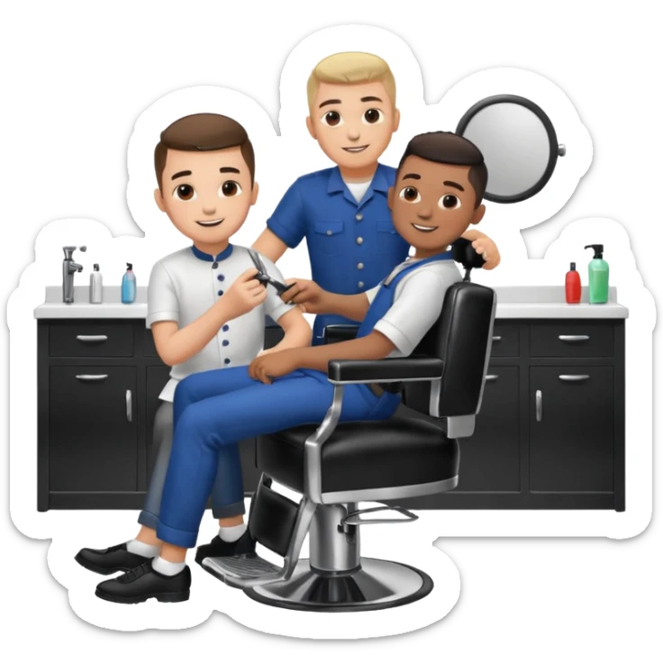 Barber cutting boys hair. Show the boy sat in black barber chair and both having smiles on their faces sticker