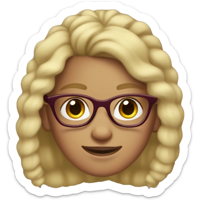 girl with freckles and blonde wavy hair in pony tail, wearing burgundy glasses and a hoodie sticker