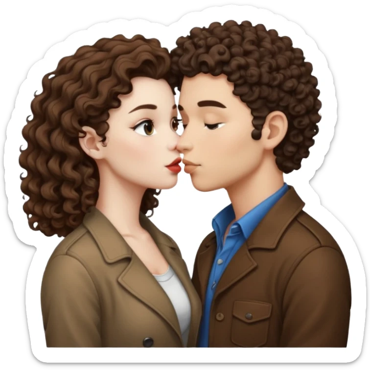 A couple kissing, the man would be white-skinned, mid fade-curly, brown-hair. The serious woman with white skin, brown color sticker