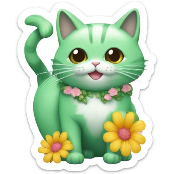 Gatito verde en una pecera con agua azul, un lacito rosa y flores dentro de la pecera ￼ sticker