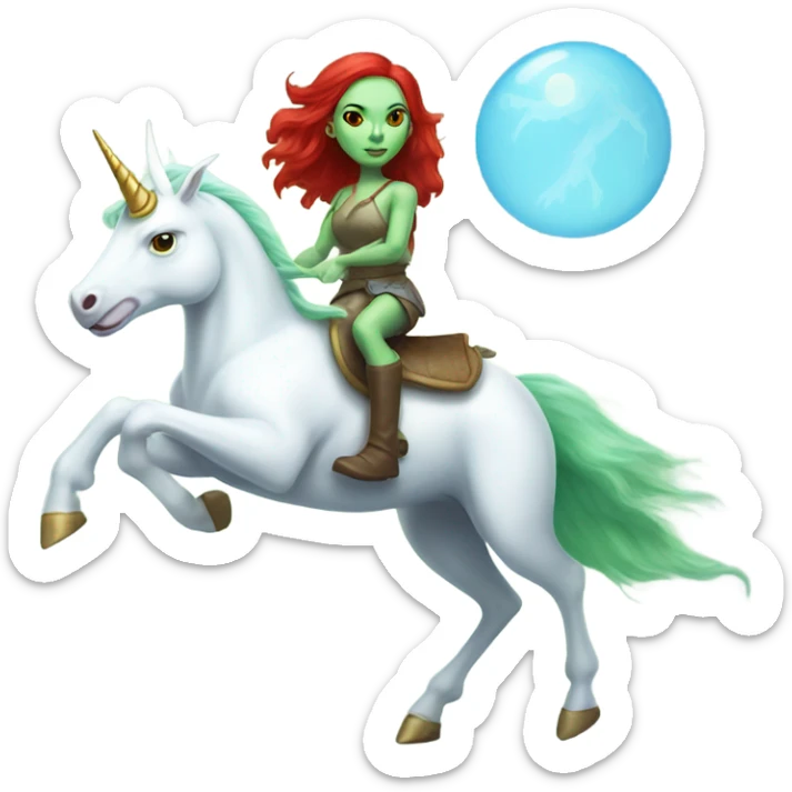 [politically incorrect
	{ woman: alien, color: light green, hair:red, eyes:cat} ]
	on a 
	[{ unicorn: white, legged:four, mane: light blue }] sticker