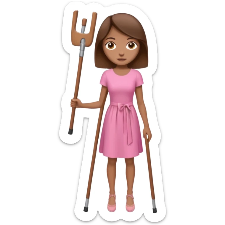 A woman with crutches , a pink dress brown hair and brown eyes sticker