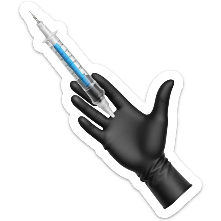 mano con guante medico de color negro sosteniendo una jeringa no tan grande y que solo se vea la mano hasta la muñeca, no el brazo y que el liquido de la jeringa sea transparente sticker