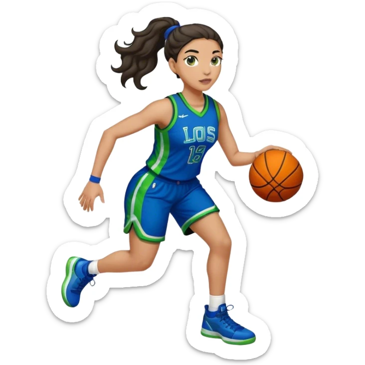 full body plus size light skin latino women basketball player with wavy dark hair in pony tail wide nose wearing blue uniform with green accent sticker