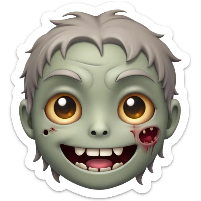 Cinematic Cute Zombie Portrait Emoji, with a delightfully quirky, slightly disheveled face in muted ashen hues, featuring quirky bright eyes and a playful, stitched-together smile, simplified yet irresistibly charming, highly detailed with a soft glowing outline that captures the adorable, offbeat spirit of a zombie who’s more cute than creepy! sticker