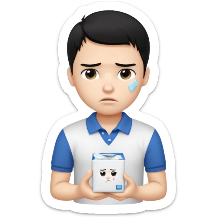 generate a pretty bratz boy with black hair, wearing a white polo shirt. Looking sad, holding a box of tissues sticker