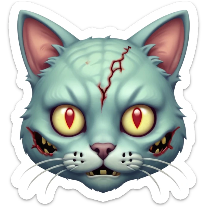 zombie cat portrait, head and shoulders only, pale fur, cracked skin patches, eerie glowing eyes, mischievous undead vibe, 3D cartoon, mobile game icon style, clean background, no text, no watermark
 sticker