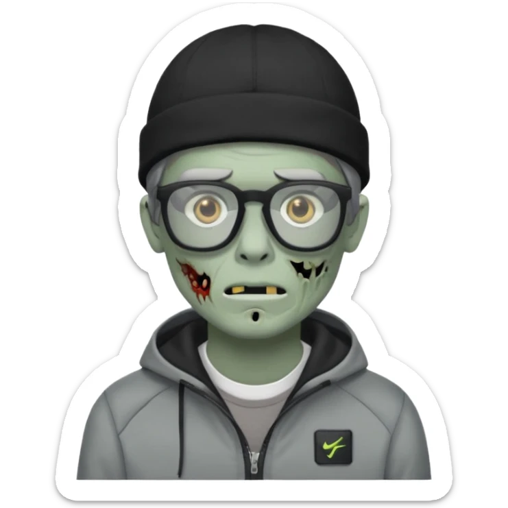 Hazme un zombie con gafas cuadradas y el marco negro y un gorro negro y un saco Nike tech gris sticker