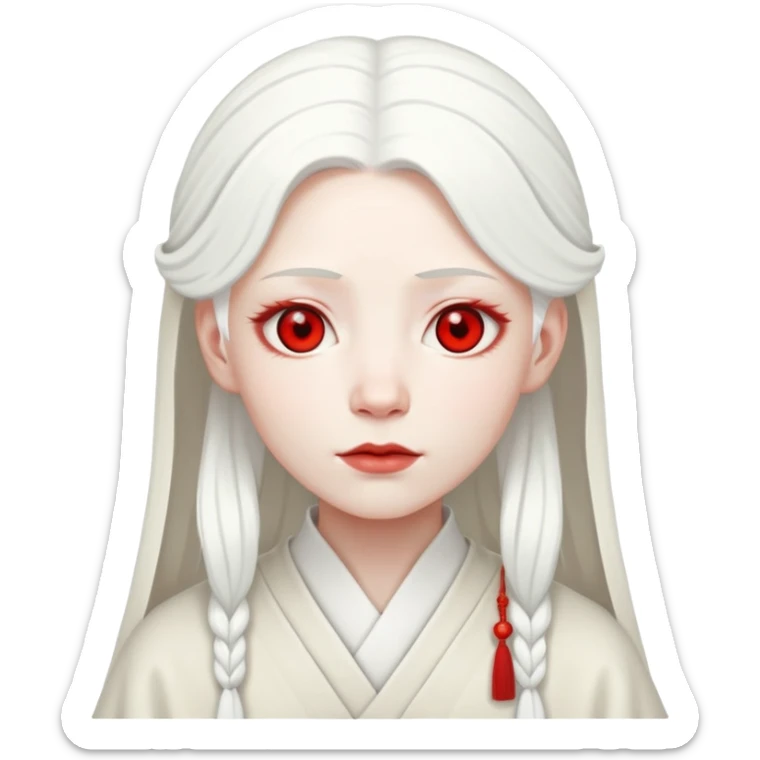 forty year old albino shrine maiden with white hair, red eyes, and pale face sticker