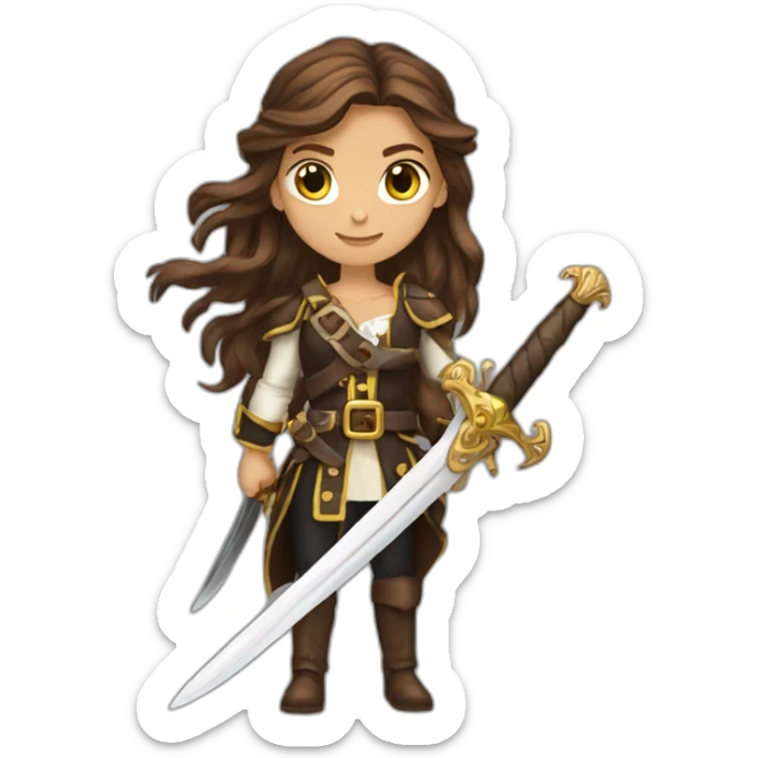 pirate king long brown hair golden eyes tan skin holding a sword woman sticker