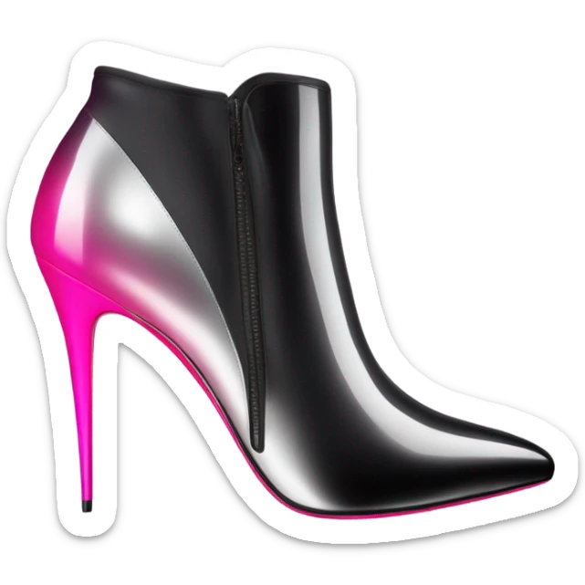 Realistic isolated front view of a pair of Louboutin Black,Silver,and Hot Pink Ombre stiletto high heel ankle bootie boots.  sticker