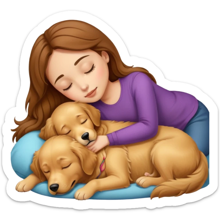 a girl with brown hair, light skin, sleep on a golden retriever dog sticker
