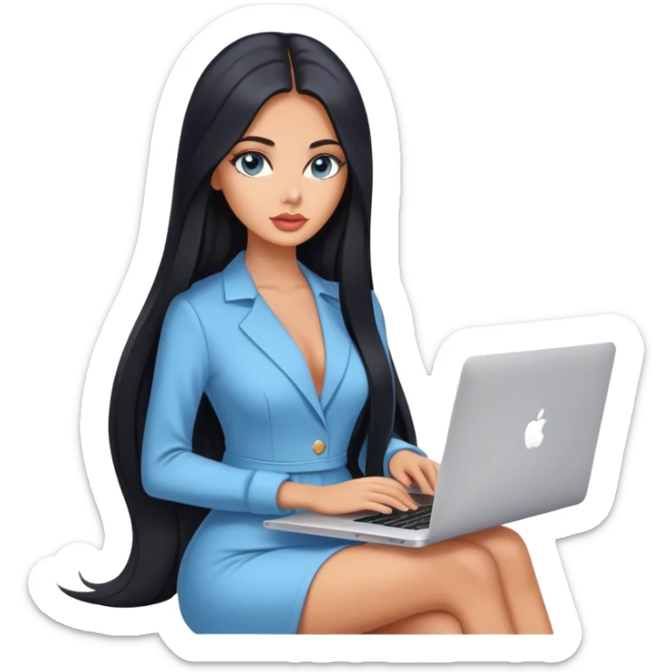 Glamours tanned very beautiful girl with pump peach nude lips and black straight smooth long hair, blue-grey eyes in beautiful clothing with MacBook sticker