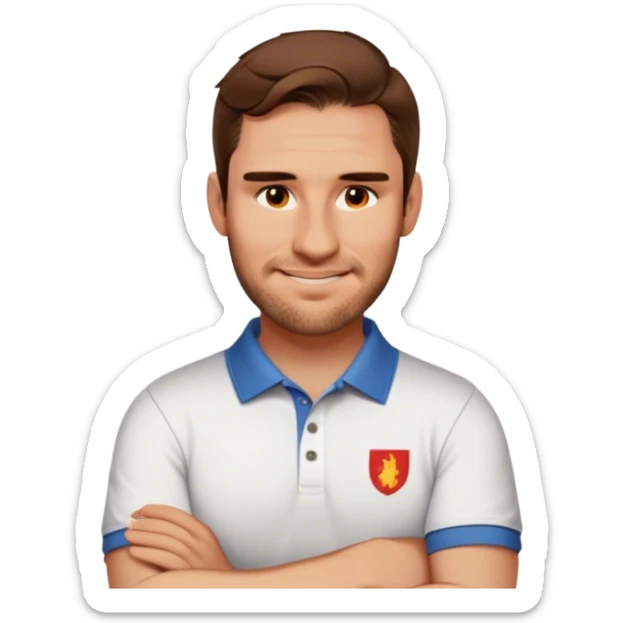 With a grin and folded arms wearing a polo sticker