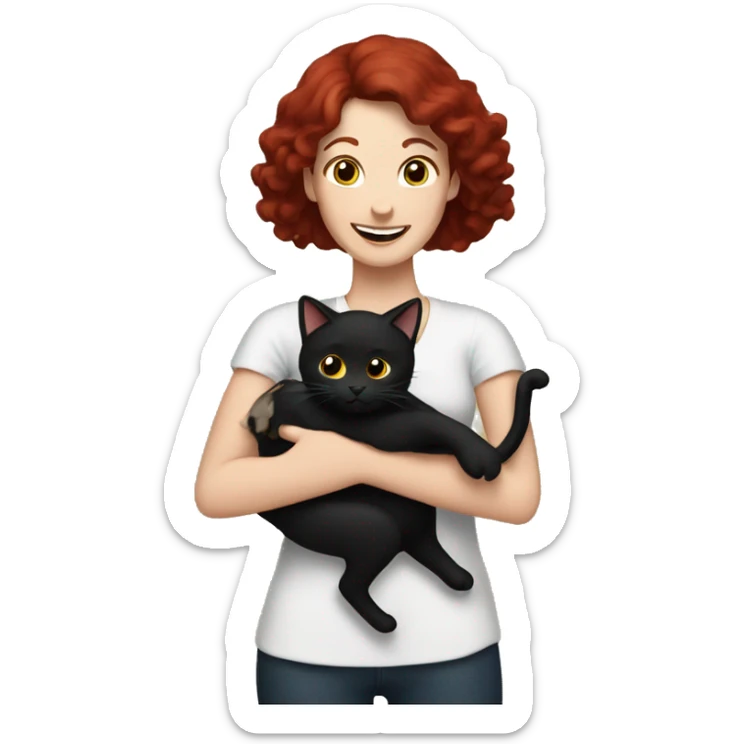 Woman with dark red hair holding a black cat in arms and both are cheering sticker
