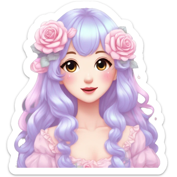 Gorgeous pastel anime style lady with blushing face and roses cottagecore fairycore pastelcore shiny colorful pearly aesthetic trending style sticker