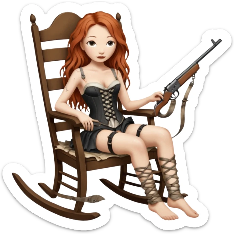 realistic cinematic Tori Amos sits on a rocking chair in a torn corset, holding an antique rifle and her bare feet are muddy. A white snake is wrapped around the chair. sticker
