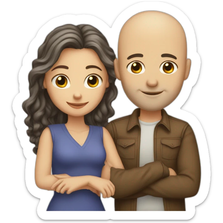 caucasian bald man and a caucasian woman with long curly dark hair hugging sticker