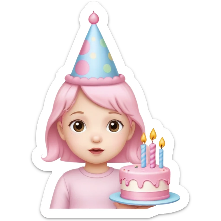 cute baby girl with pastel pink birthday hat and pink birthday cake sticker