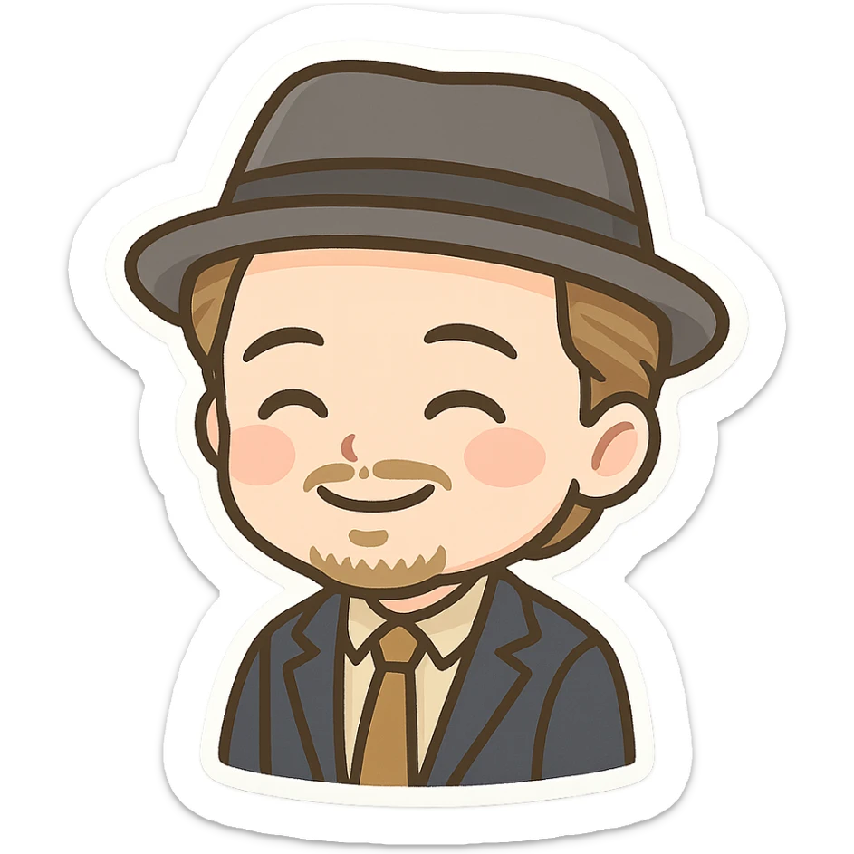 chibi cartoon emoji of Leonardo DiCaprio smiling with a fedora hat, adorable and simple sticker