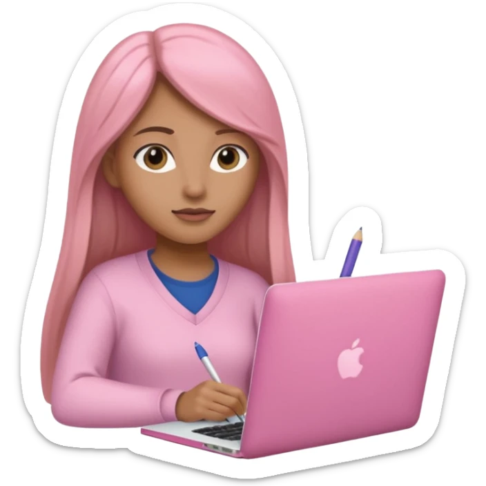 Mujer lacia peli larga y peli larga  en una MacBook rosa investigando y haciendo tareas con un libro de apuntes y con cara muy linda como modelo sticker