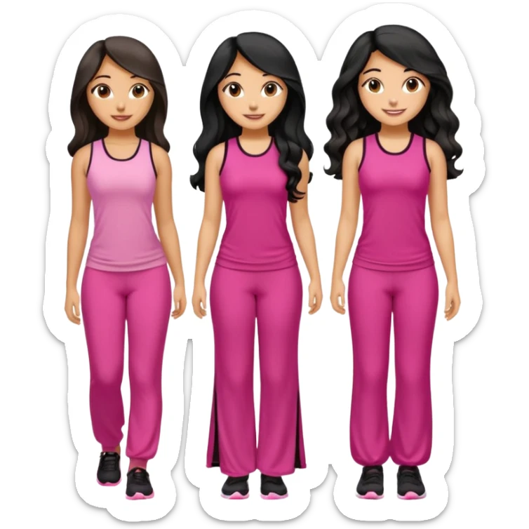 3 olive skin tone best friends. First one wearing pink gym attire modest with long black hair wavy. Second one wearing a pink fitted long maxi dress with curves long black hair and the last one wearing pink casual clothes with brown mid length hair similing looking glammed up  sticker