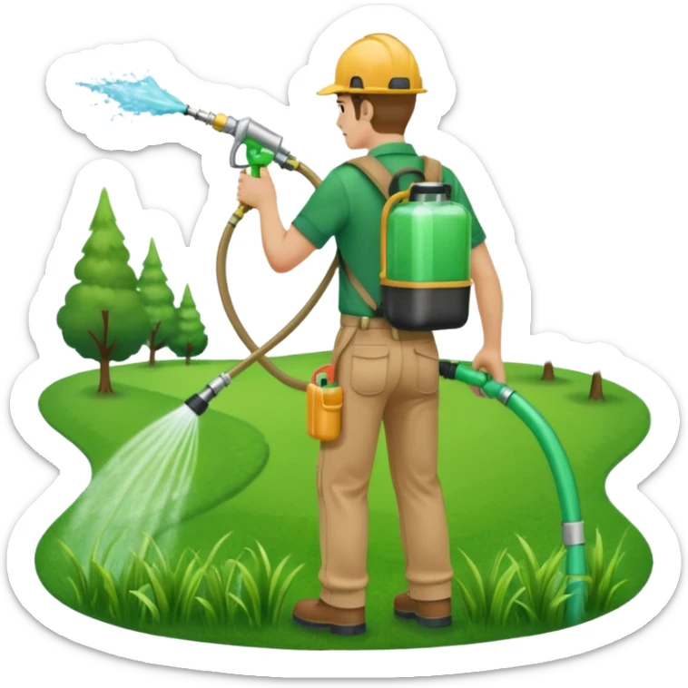 man with a emerald green shirt and tan pants on with backpack chemical sprayer on his back with the hose in his hand pointed downwards at bright green grass sticker
