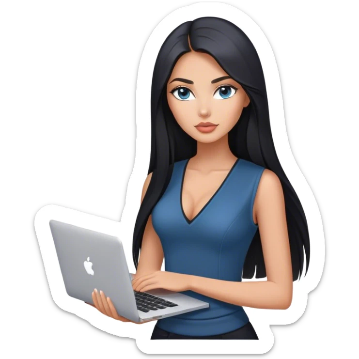 Glamours tanned very beautiful girl with pump peach nude lips and black straight smooth long hair, blue-grey eyes in beautiful v-neck black vest from the suit (short sleeves) no blazer and no anything under the vest, only vest with MacBook sticker