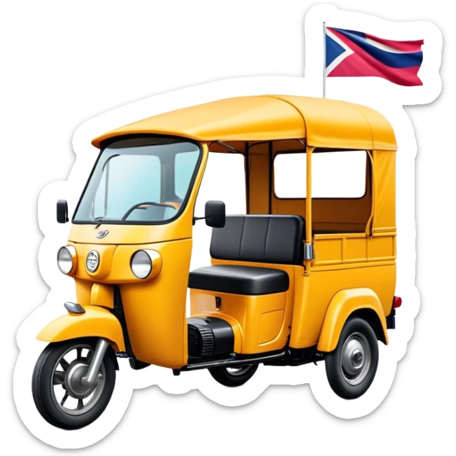 Cinematic Realistic Tuk Tuk Emoji, depicted as a vibrant iconic three-wheeled vehicle with bold colors and a compact design, rendered with crisp textures and dynamic urban lighting that captures its quintessential Thai charm. sticker