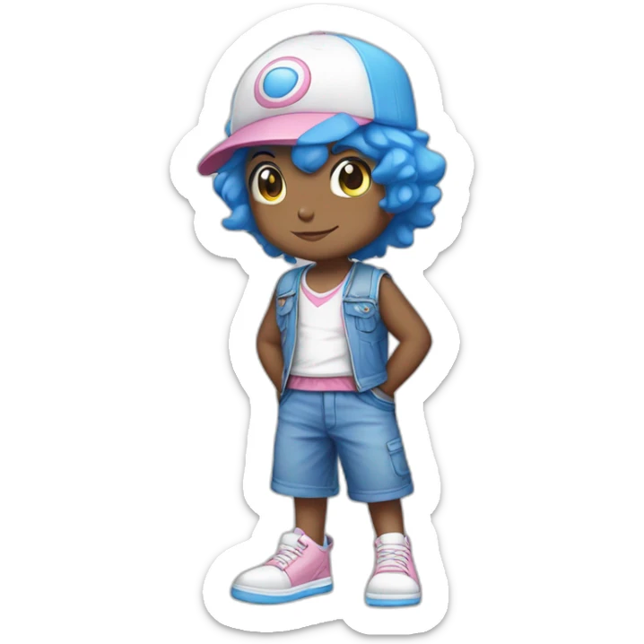 I want a drawing of a child with a pokemon hat, blue hair, a white t-shirt with a blue pokemon vest, lead-colored shorts and white shoes with pink laces. sticker