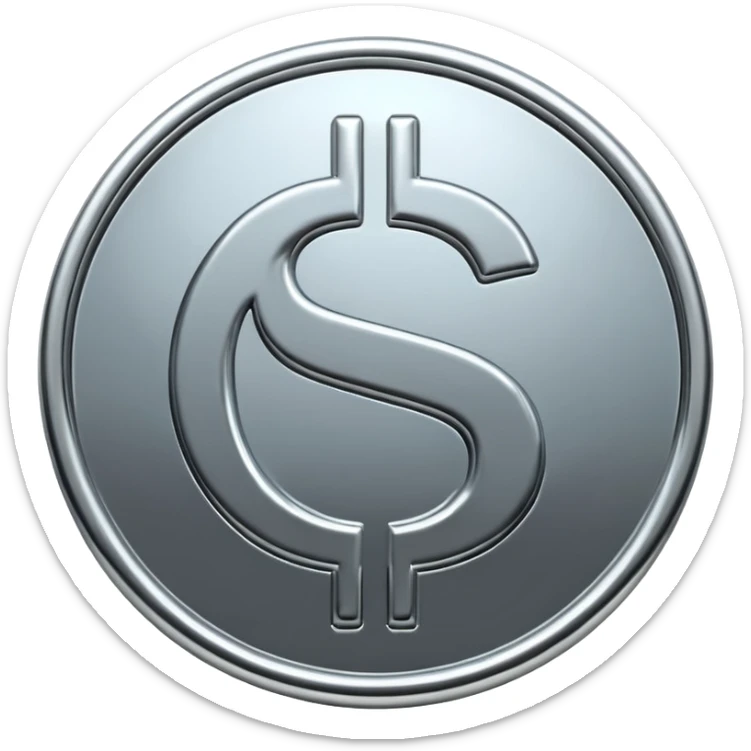 A double dollar sign emoji made of polished silver chrome, smooth metallic surface, glossy reflections, luxury swag vibe, minimal iOS emoji style, centered on white background sticker