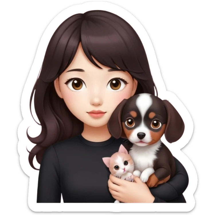 Asain girl with pink blush, wearing a black skinny top, long dark brown curled hair with straight bangs. Carrying a white kitten and a brown dashund puppy.  sticker