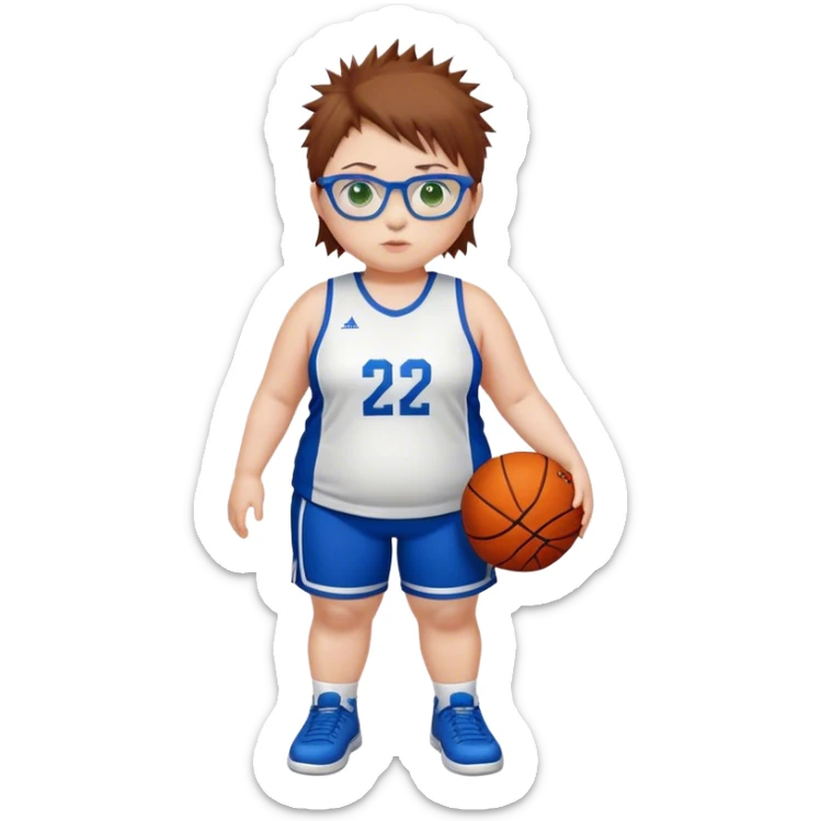 Full Body white chubby Girl with basketball spikey short brown hair  wearing blue glasses with green eyes wearing basketball uniform sticker