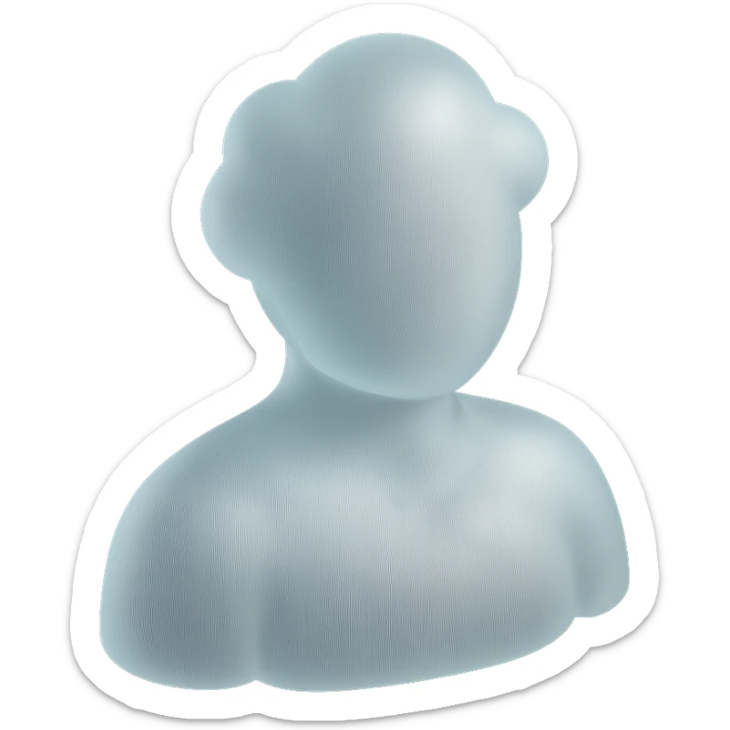 front view portrait of a person from shoulders up, body and head made of white convex clouds, matte glass style sticker