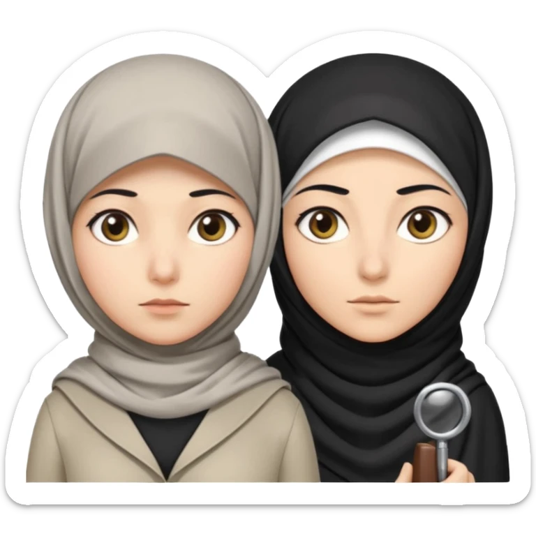 Generate 
1 detective she's white hair covered with hjab light eyes fair skin
1 detectective she's black NO HIJAB HAIR OUT BROWN skin 
they're right next to each other one has a hand lense the other has a sample  sticker