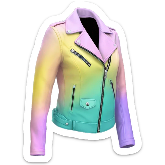 Hyper Realistic isolated side view of an open teal,pastel pink,pastel purple,and yellow ombre feminine fashion leather jacket.  sticker